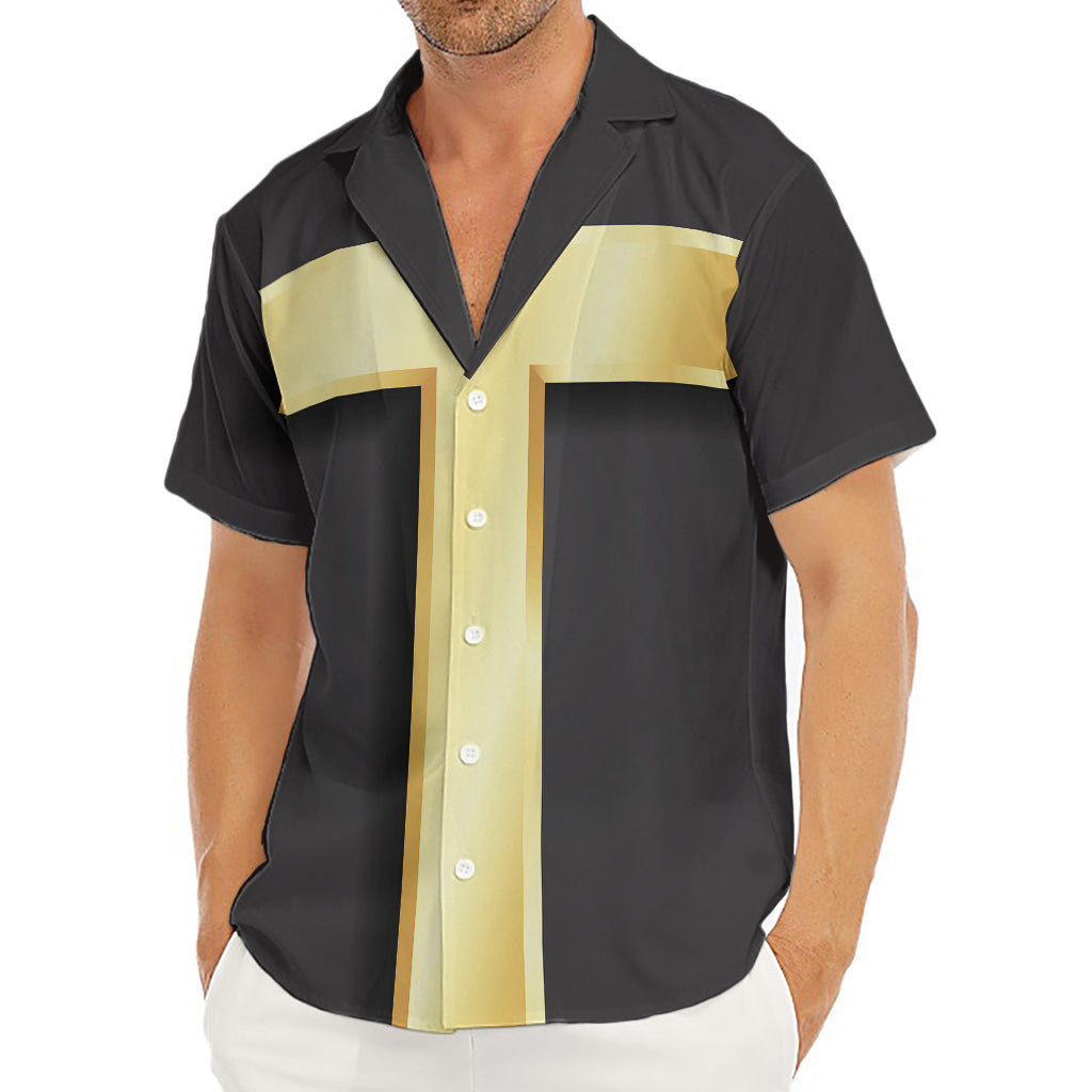 Classic Golden Cross Print Men's Deep V-Neck Shirt