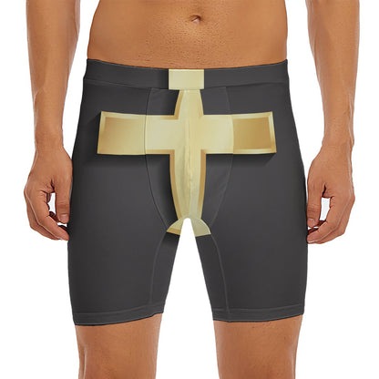 Classic Golden Cross Print Men's Long Boxer Briefs