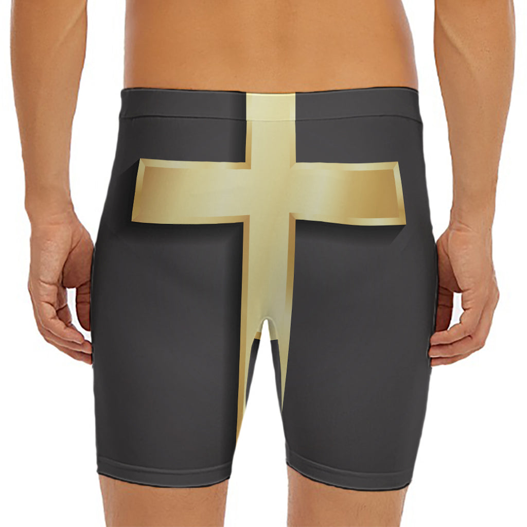 Classic Golden Cross Print Men's Long Boxer Briefs