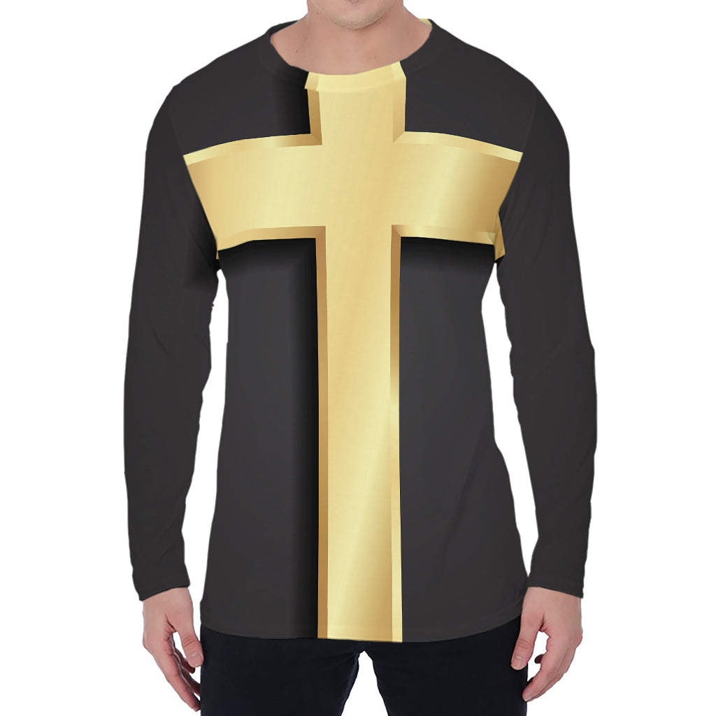 Classic Golden Cross Print Men's Long Sleeve T-Shirt