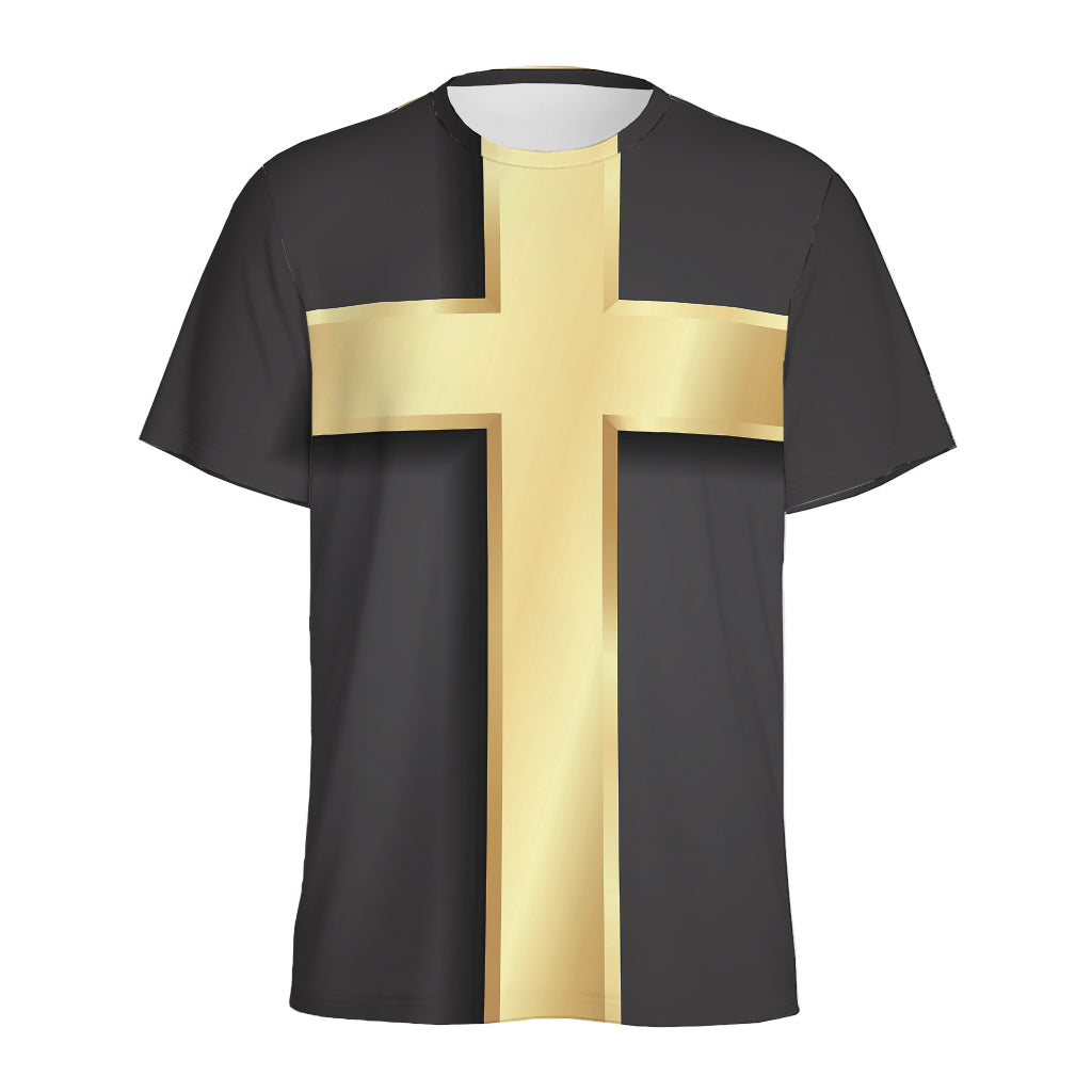 Classic Golden Cross Print Men's Sports T-Shirt
