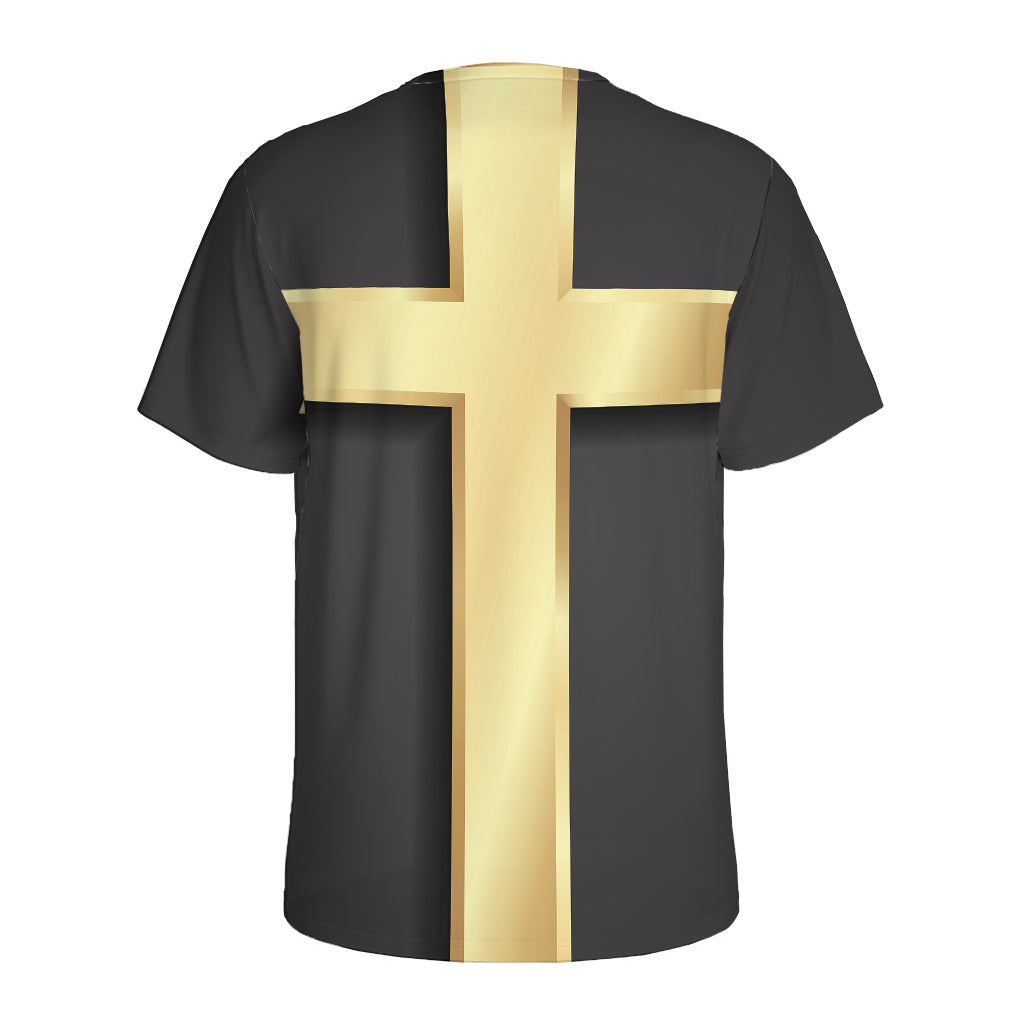 Classic Golden Cross Print Men's Sports T-Shirt