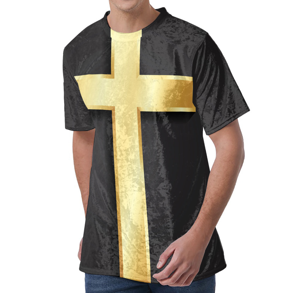 Classic Golden Cross Print Men's Velvet T-Shirt