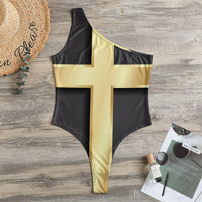 Classic Golden Cross Print One Shoulder Bodysuit