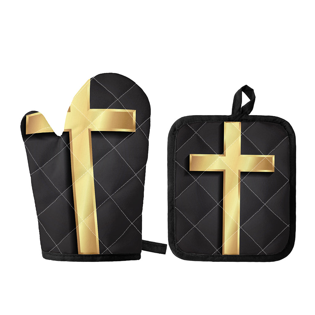 Classic Golden Cross Print Oven Mitt And Pot Holder Set