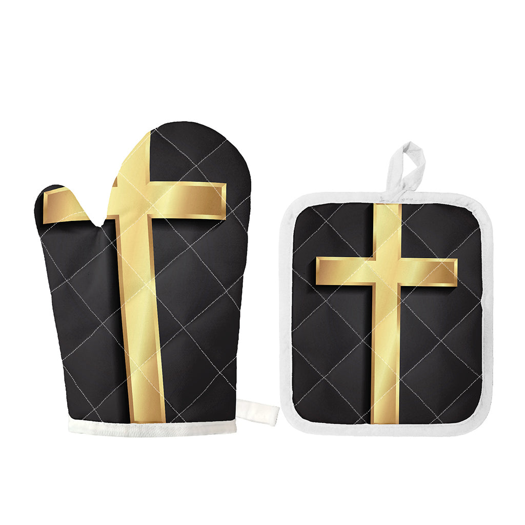 Classic Golden Cross Print Oven Mitt And Pot Holder Set
