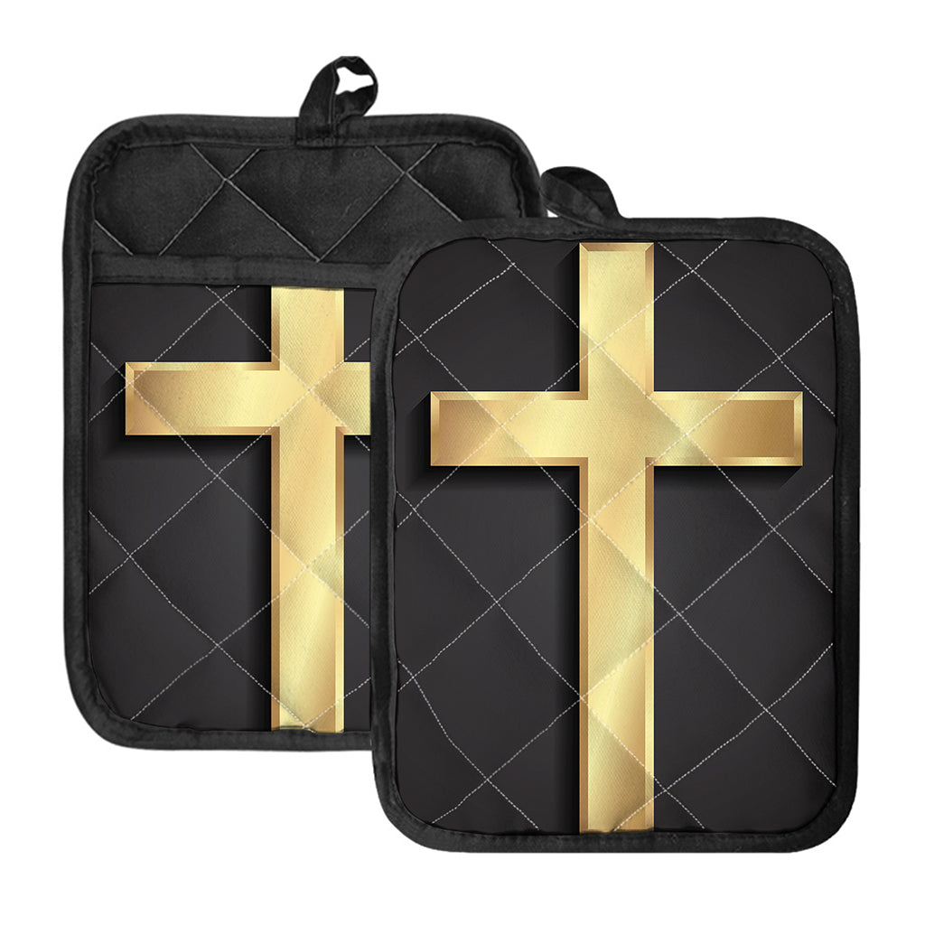 Classic Golden Cross Print Pot Holders With Pocket