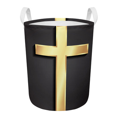 Classic Golden Cross Print Round Laundry Basket