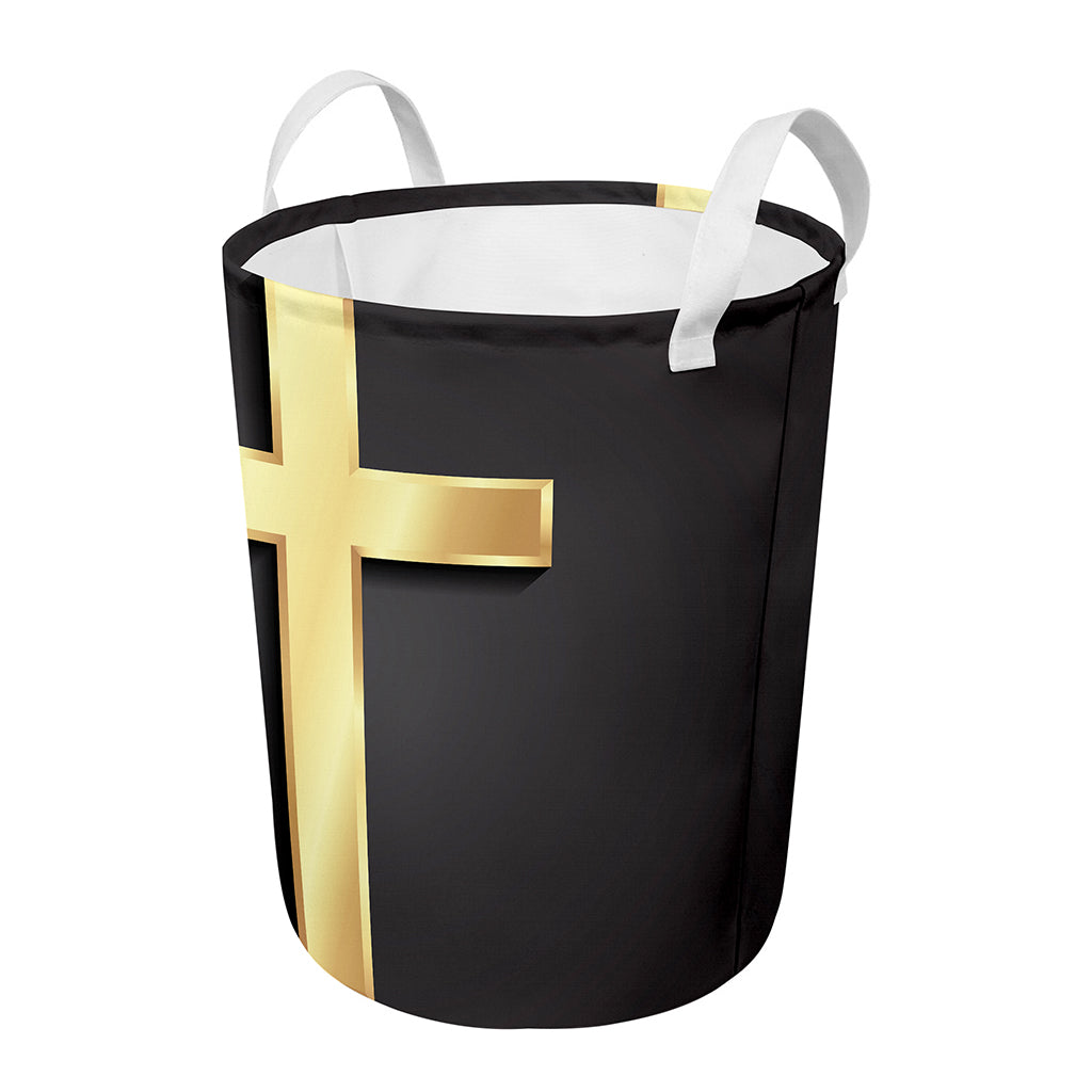 Classic Golden Cross Print Round Laundry Basket
