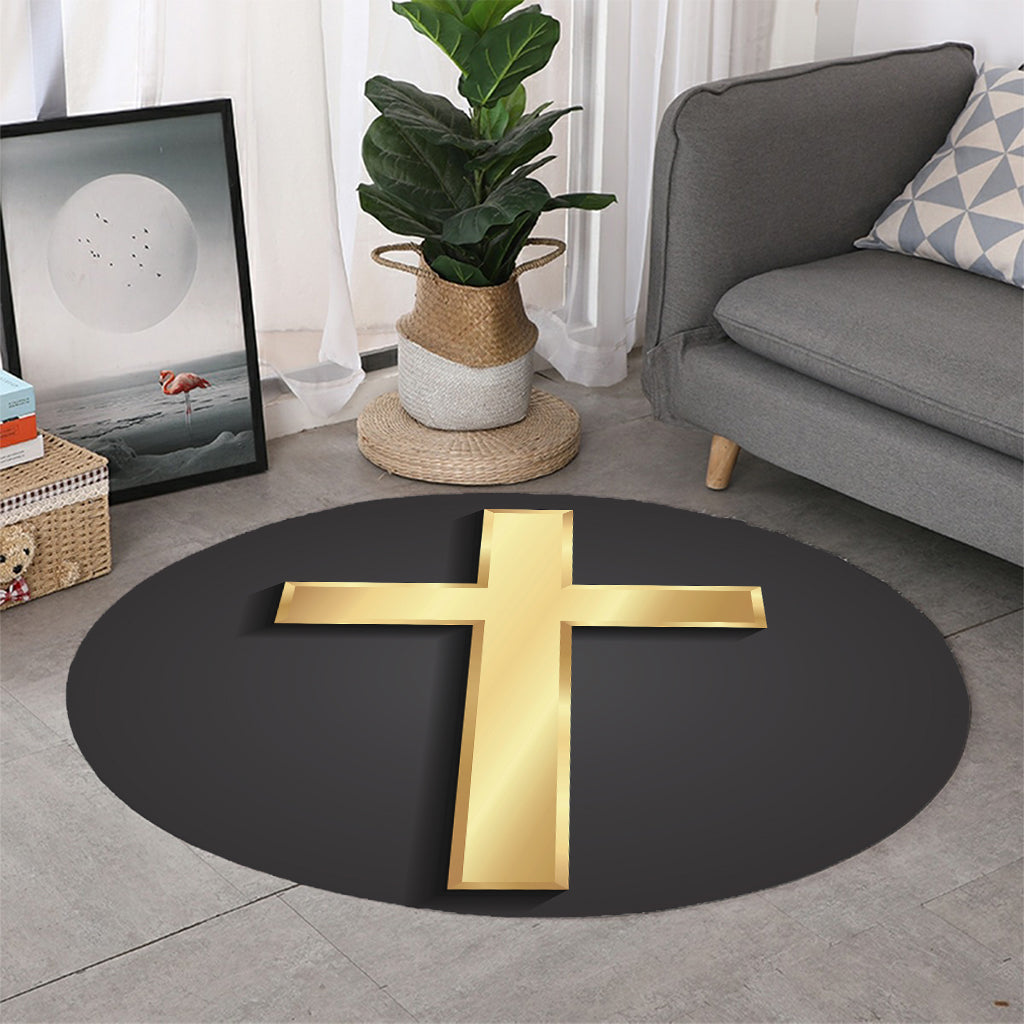 Classic Golden Cross Print Round Rug