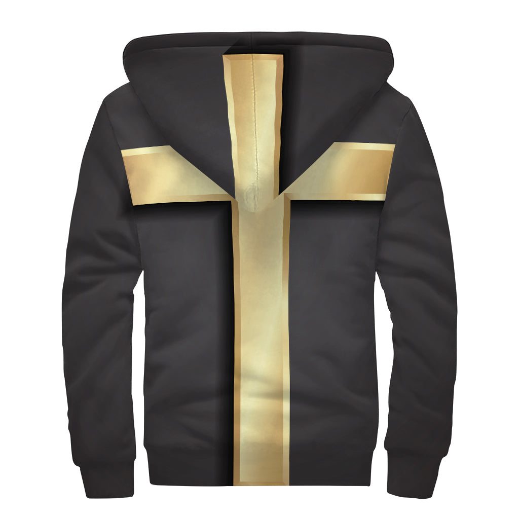 Classic Golden Cross Print Sherpa Lined Zip Up Hoodie