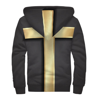 Classic Golden Cross Print Sherpa Lined Zip Up Hoodie