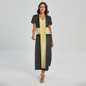 Classic Golden Cross Print Short Sleeve Maxi Dress