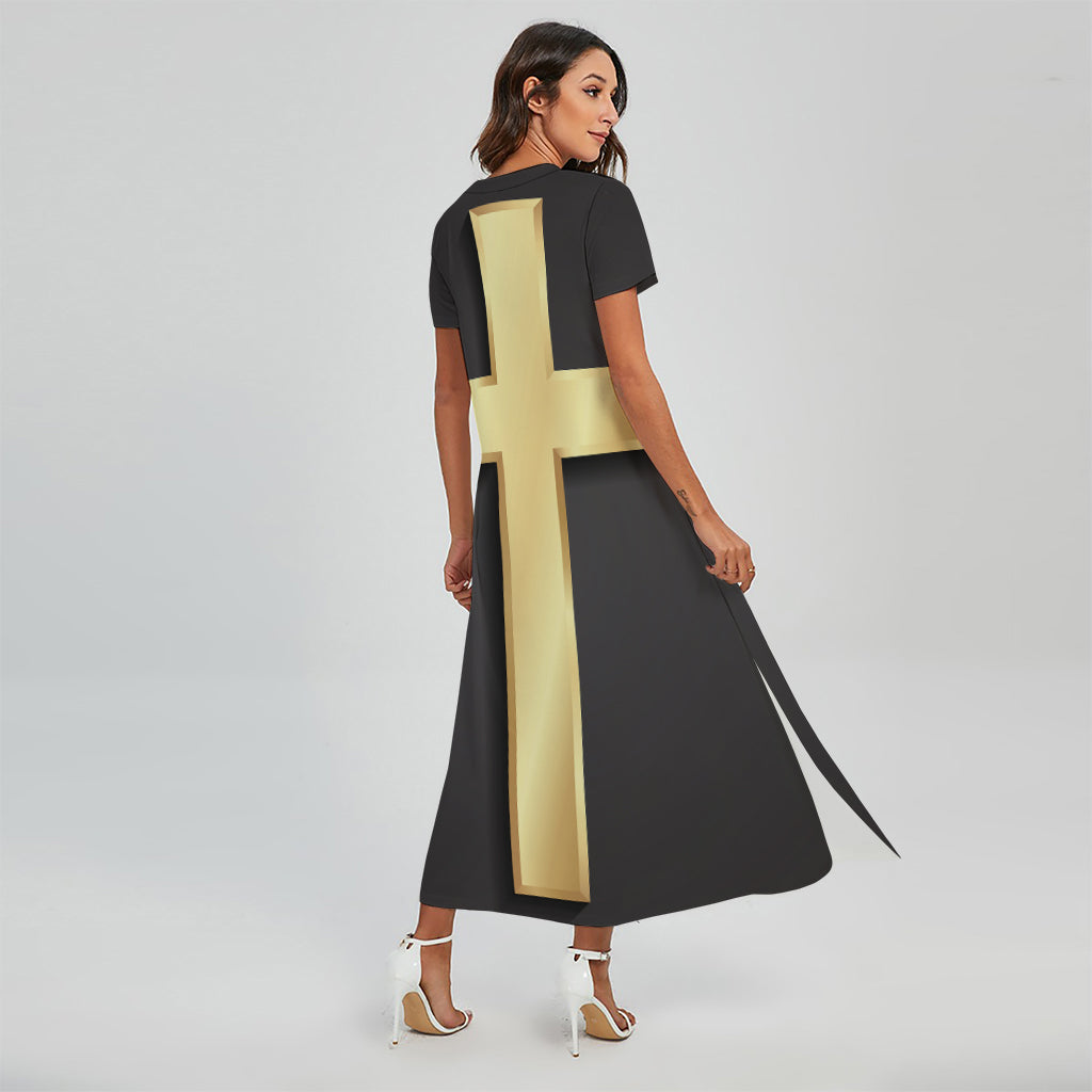 Classic Golden Cross Print Short Sleeve Maxi Dress