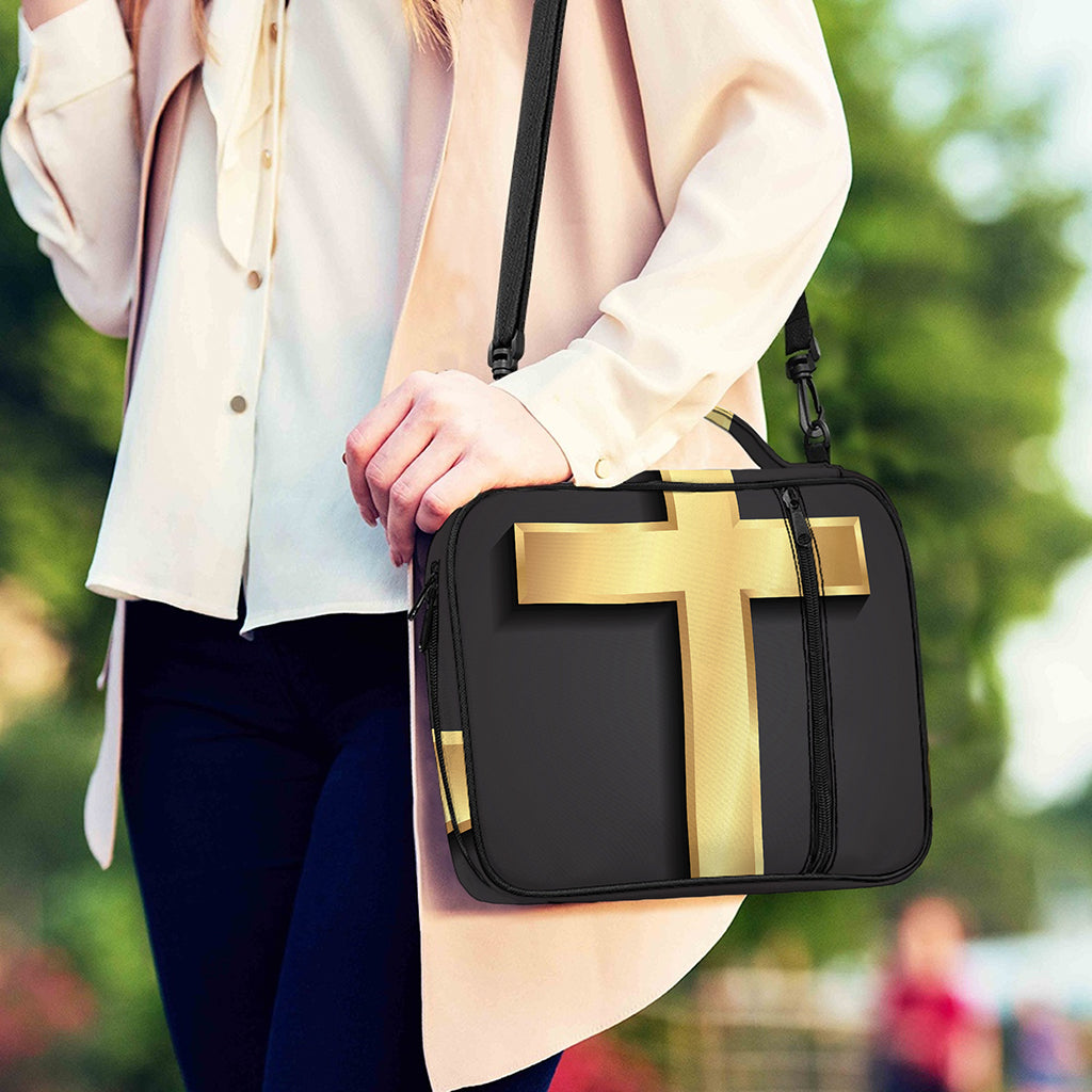 Classic Golden Cross Print Shoulder Strap Bible Bag