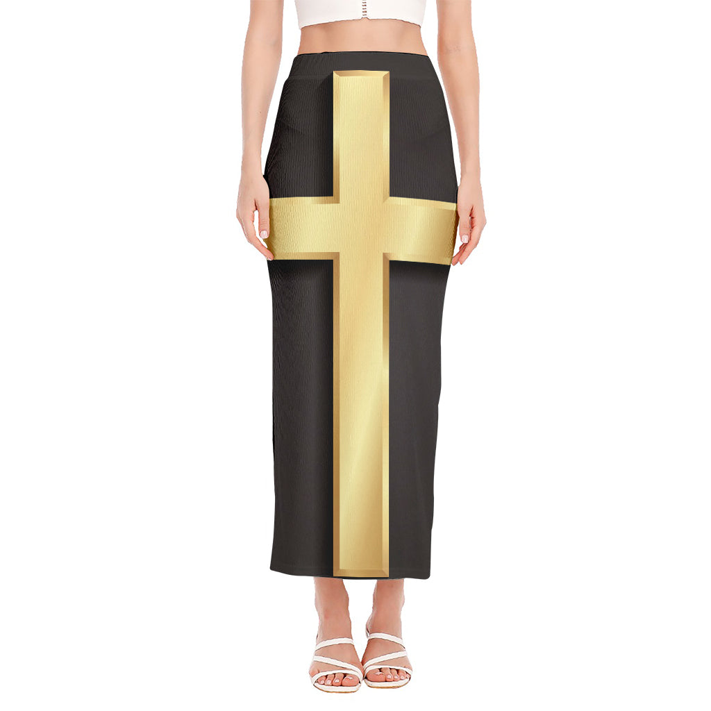 Classic Golden Cross Print Side Slit Maxi Skirt