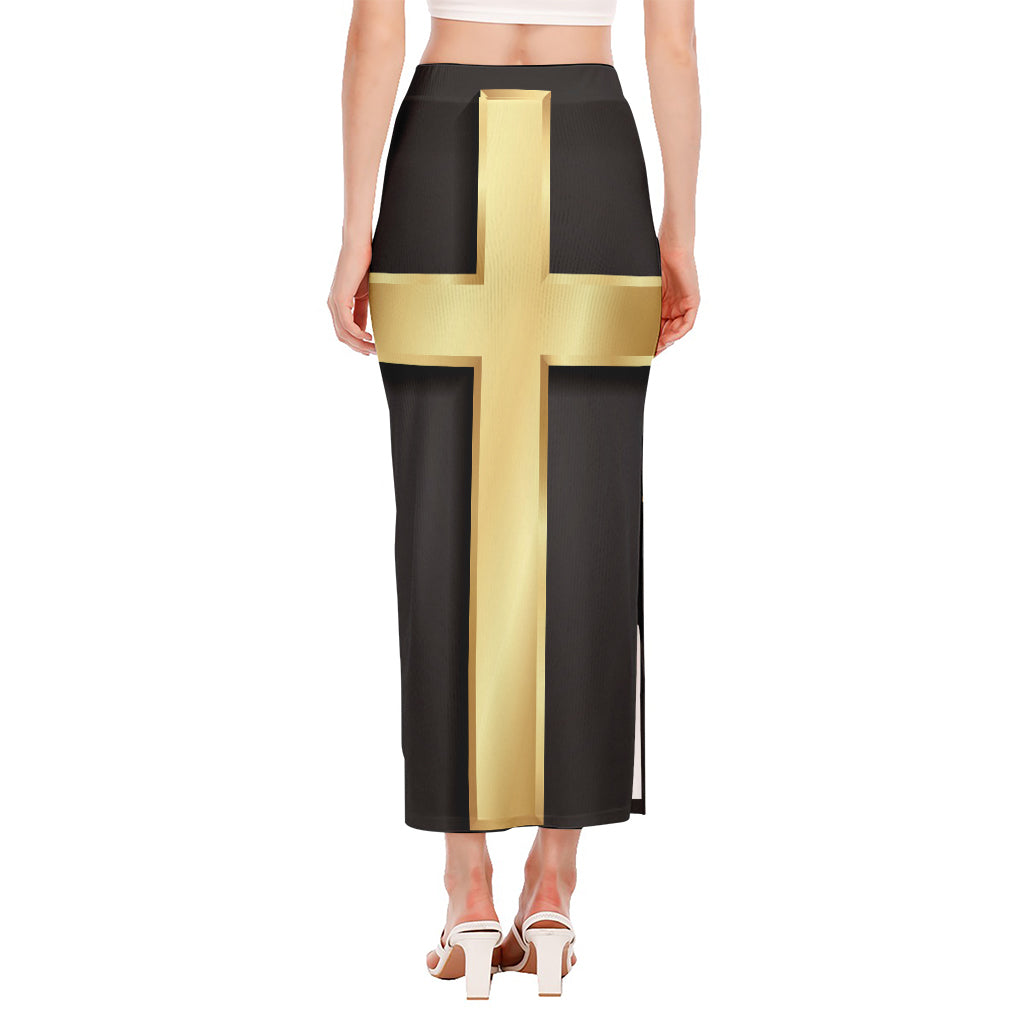 Classic Golden Cross Print Side Slit Maxi Skirt