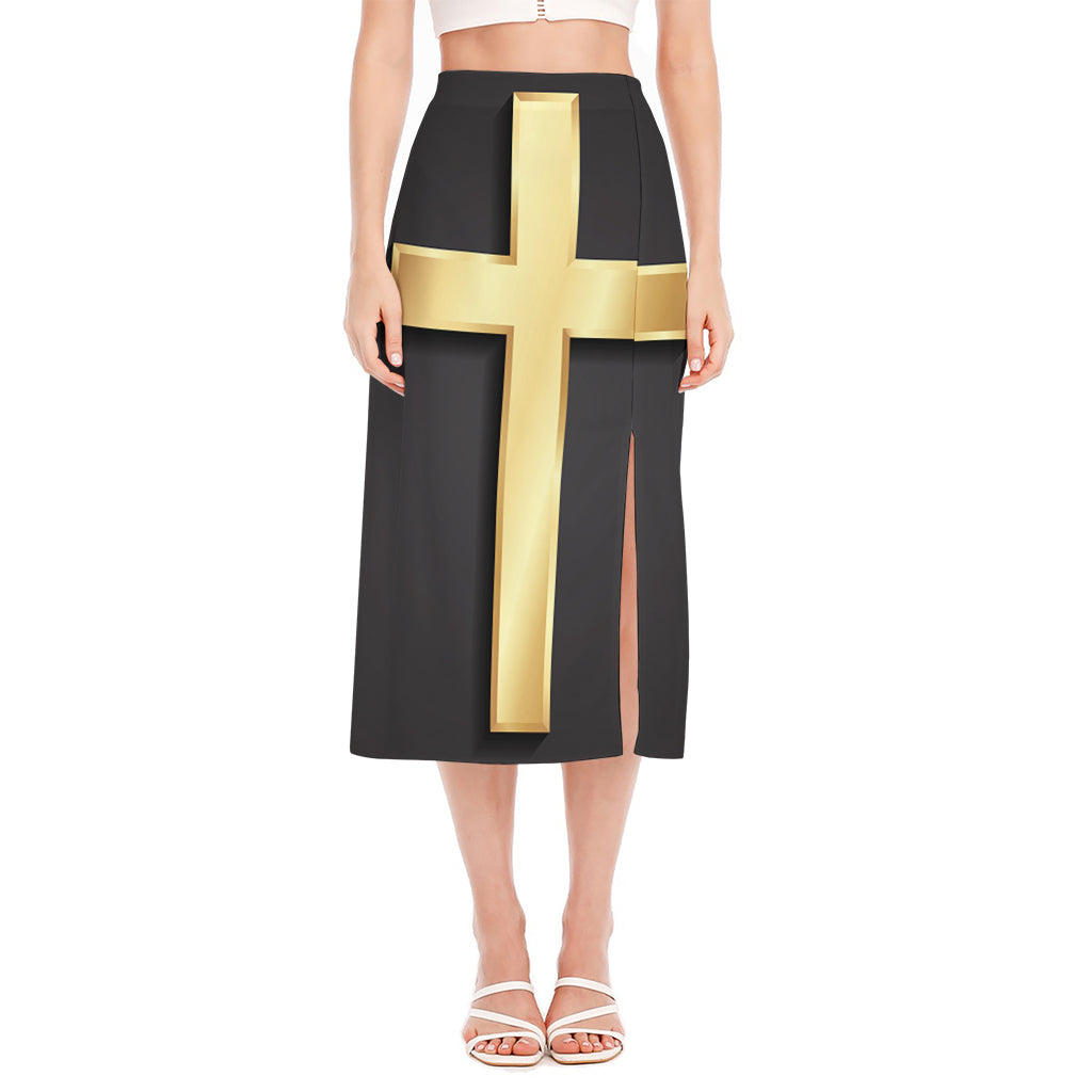 Classic Golden Cross Print Side Slit Midi Skirt