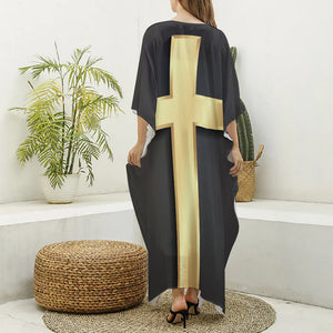 Classic Golden Cross Print Silk V-Neck Kaftan Dress