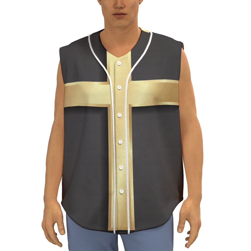 Classic Golden Cross Print Sleeveless Baseball Jersey