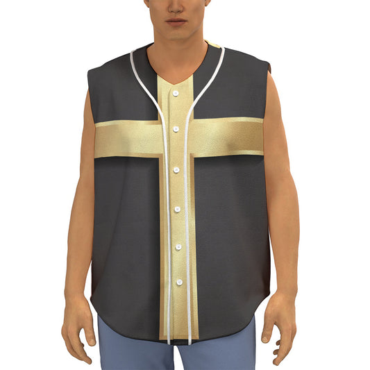 Classic Golden Cross Print Sleeveless Baseball Jersey