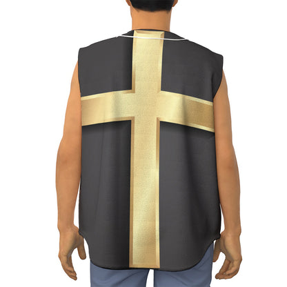 Classic Golden Cross Print Sleeveless Baseball Jersey