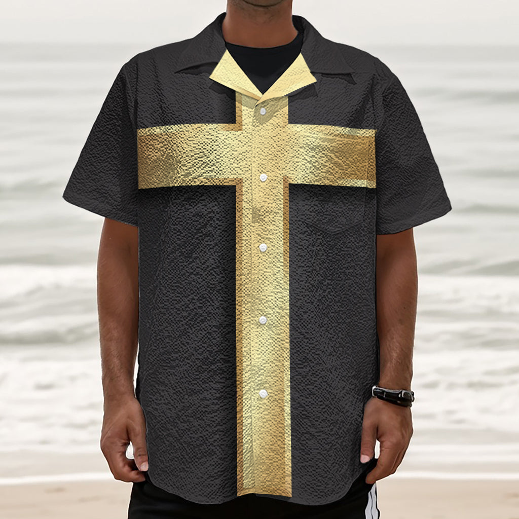 Classic Golden Cross Print Textured Short Sleeve Shirt
