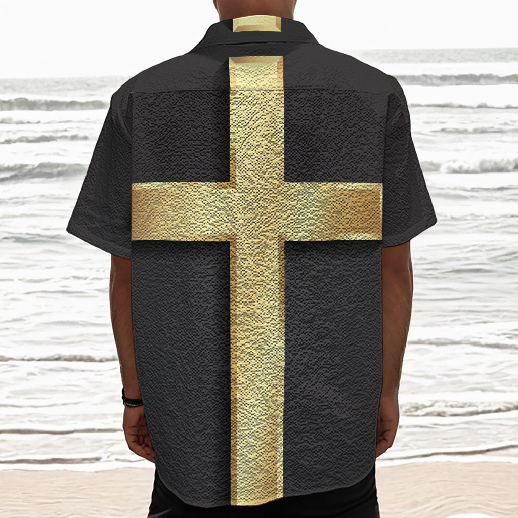 Classic Golden Cross Print Textured Short Sleeve Shirt