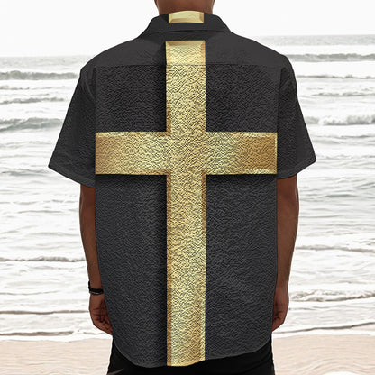 Classic Golden Cross Print Textured Short Sleeve Shirt