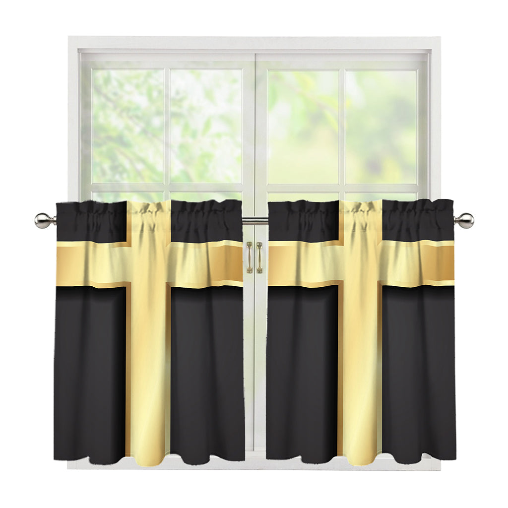 Classic Golden Cross Print Tier Curtains