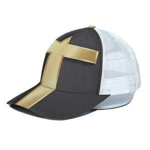 Classic Golden Cross Print White Mesh Trucker Cap