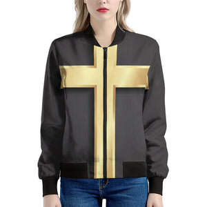 Classic Golden Cross Print Women's Bomber Jacket