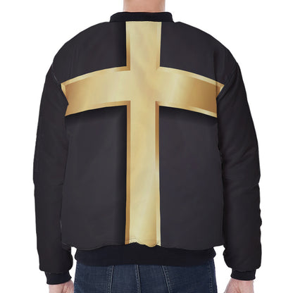 Classic Golden Cross Print Zip Sleeve Bomber Jacket