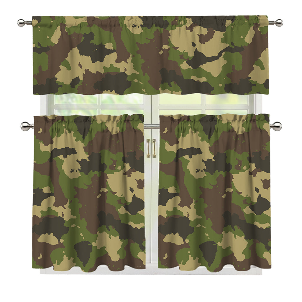 Classic Green Camouflage Print 3 Piece Kitchen Curtains