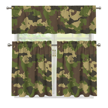Classic Green Camouflage Print 3 Piece Kitchen Curtains