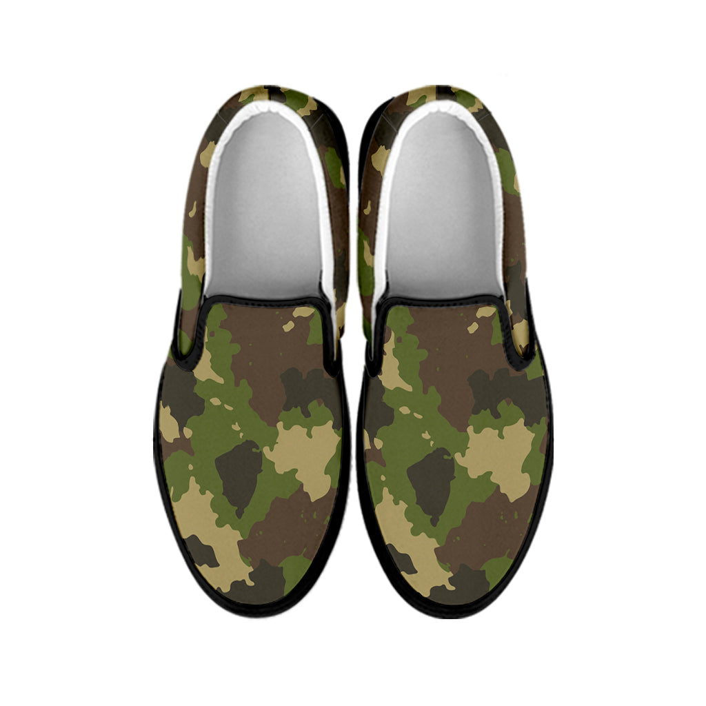 Classic Green Camouflage Print Black Slip On Sneakers