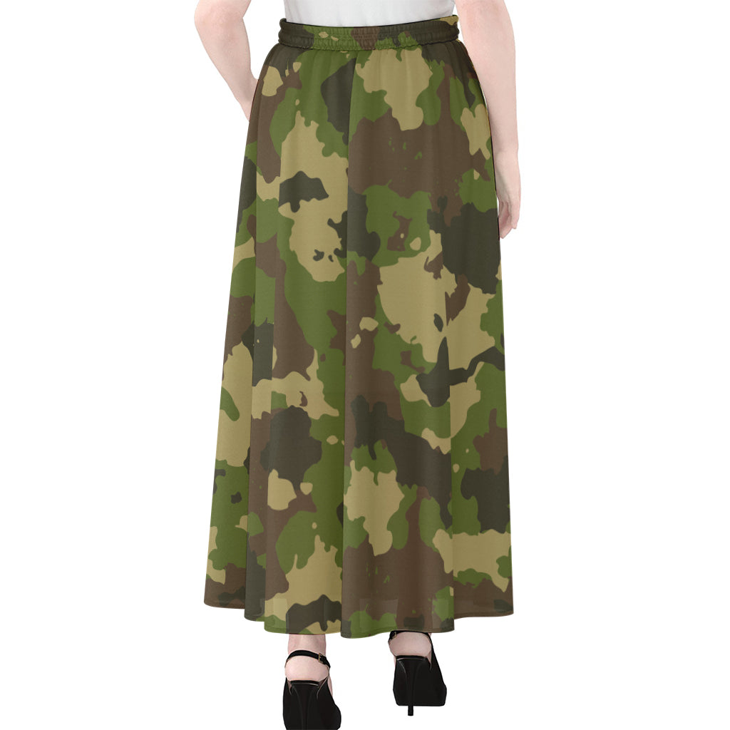 Classic Green Camouflage Print Chiffon Maxi Skirt