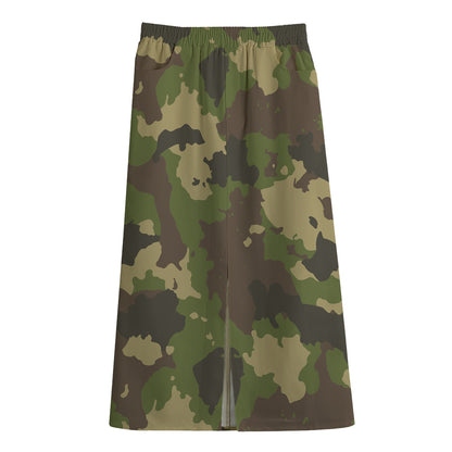 Classic Green Camouflage Print Cotton Front Slit Maxi Skirt