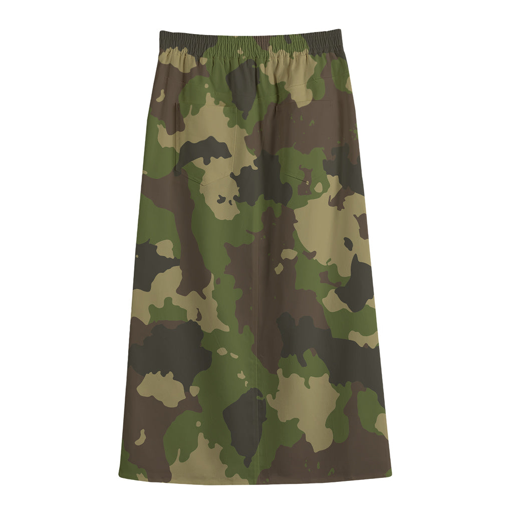Classic Green Camouflage Print Cotton Front Slit Maxi Skirt