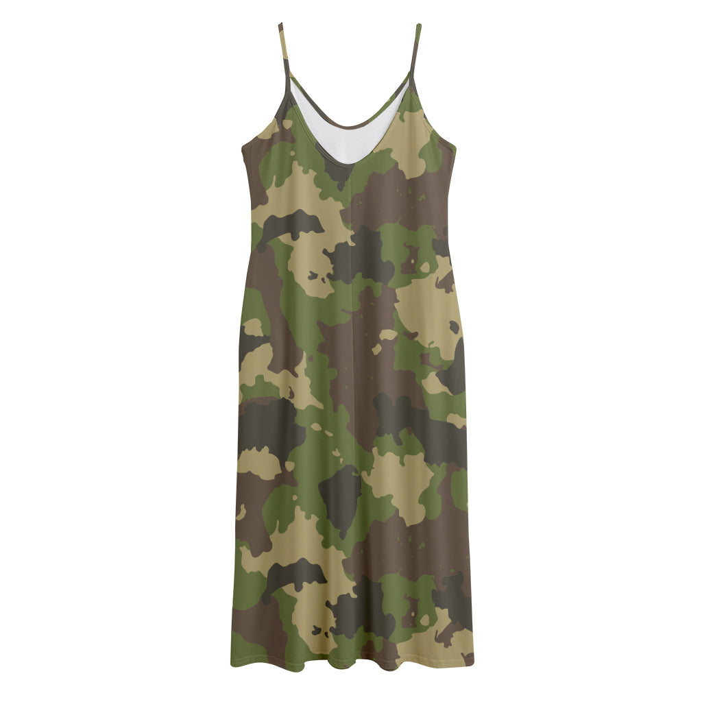 Classic Green Camouflage Print Jersey Midi Cami Dress