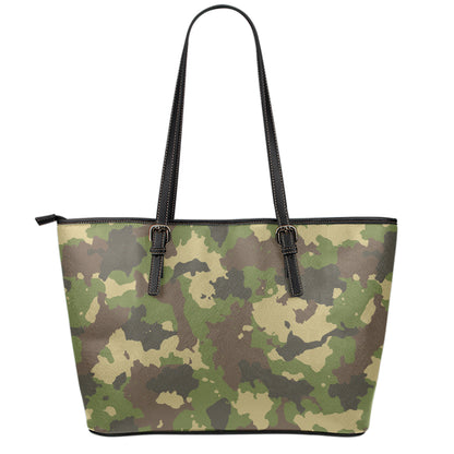 Classic Green Camouflage Print Leather Tote Bag