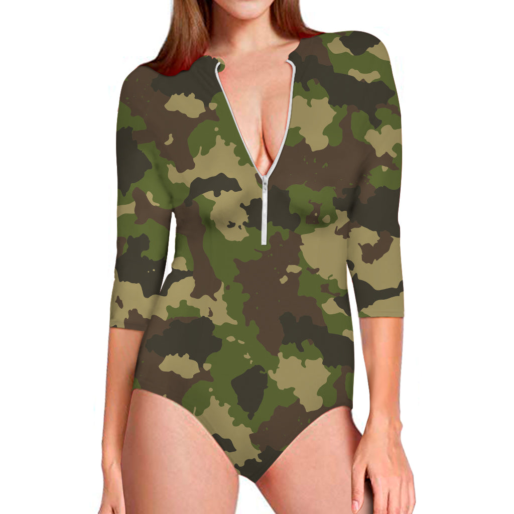 Classic Green Camouflage Print Long Sleeve Swimsuit
