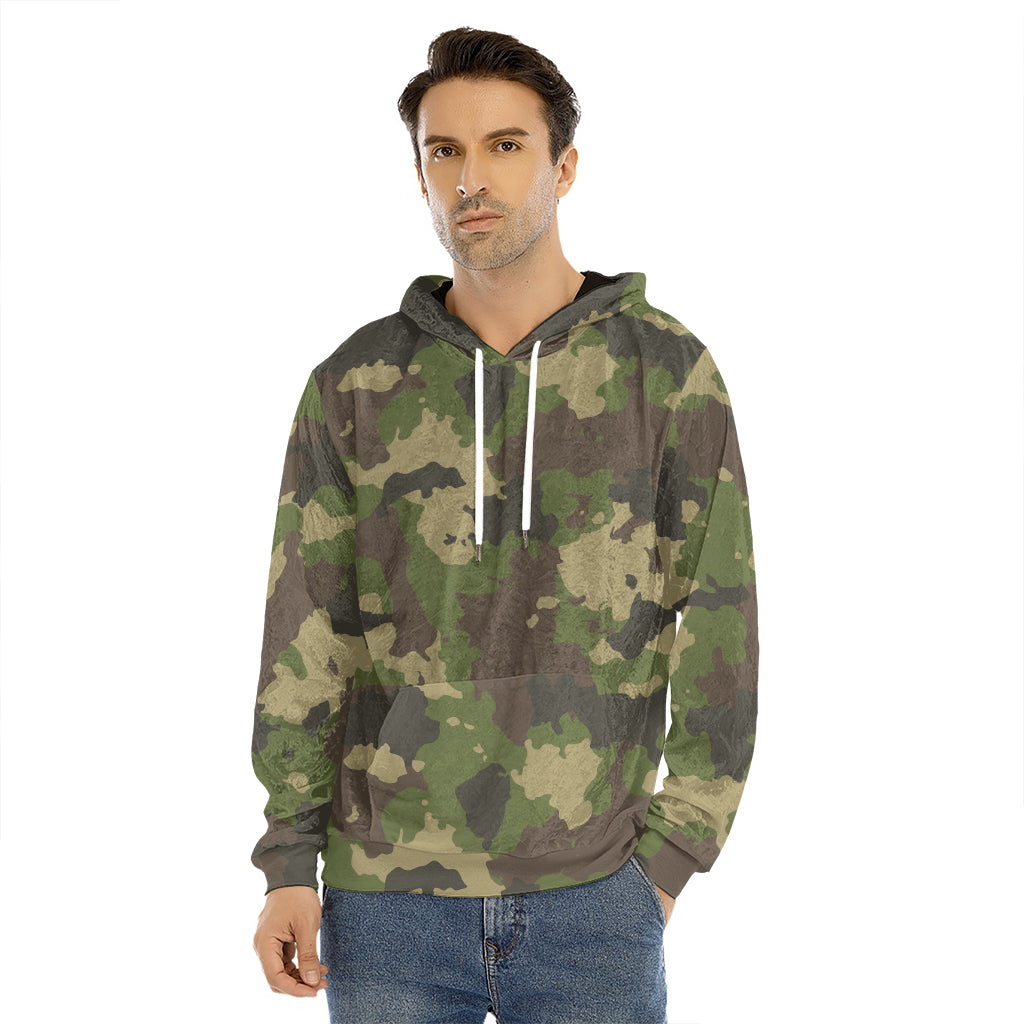 Classic Green Camouflage Print Men's Velvet Pullover Hoodie