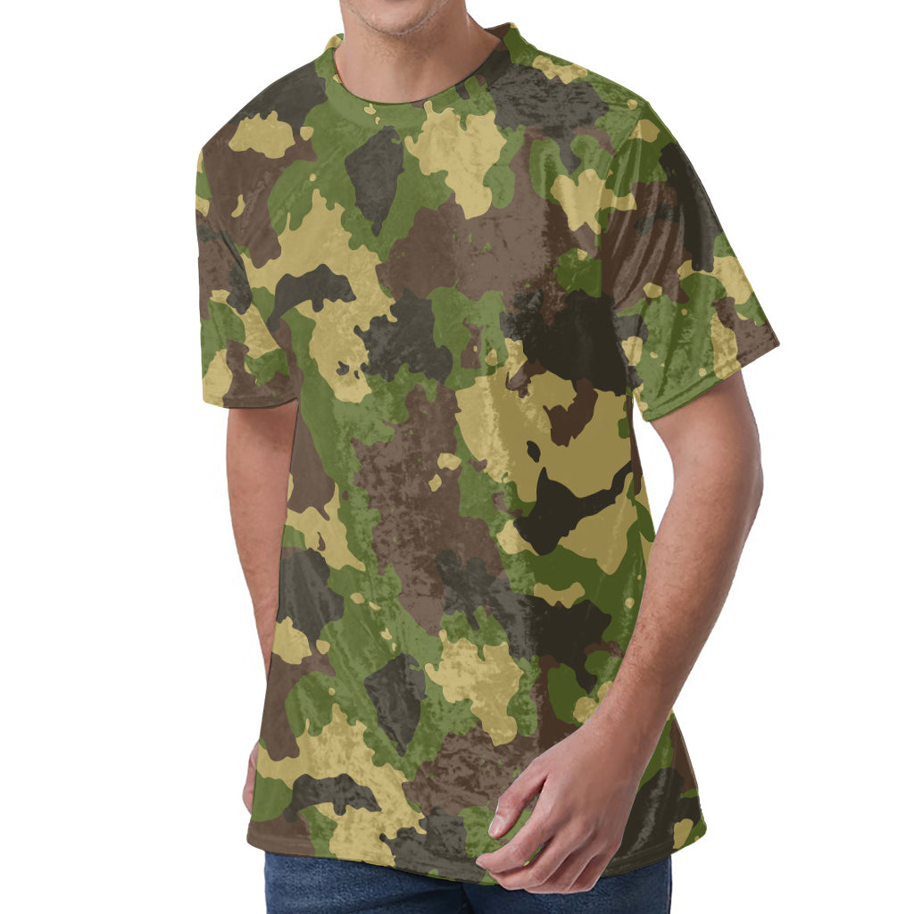 Classic Green Camouflage Print Men's Velvet T-Shirt