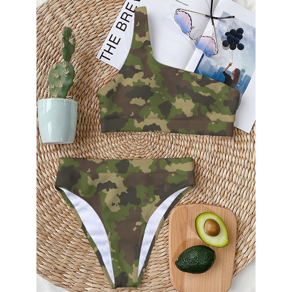 Classic Green Camouflage Print One Shoulder Bikini Top