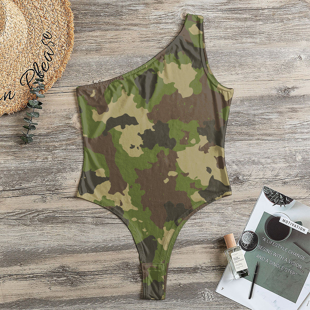 Classic Green Camouflage Print One Shoulder Bodysuit