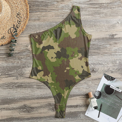 Classic Green Camouflage Print One Shoulder Bodysuit