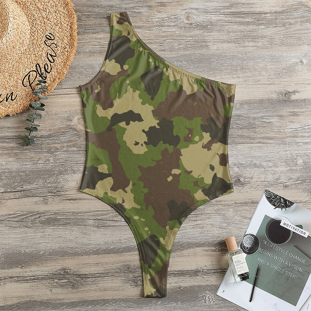 Classic Green Camouflage Print One Shoulder Bodysuit