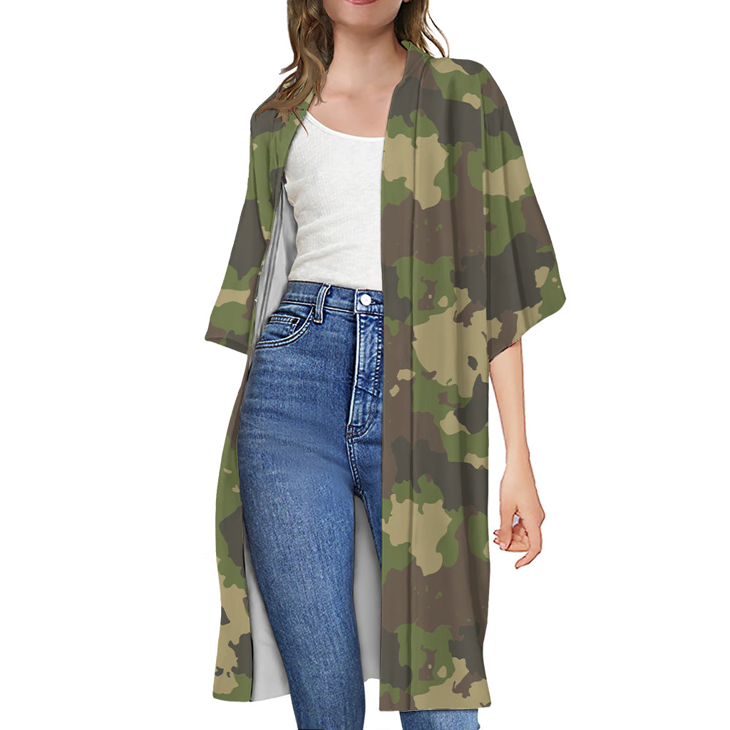 Classic Green Camouflage Print Open Front Beach Cover Up
