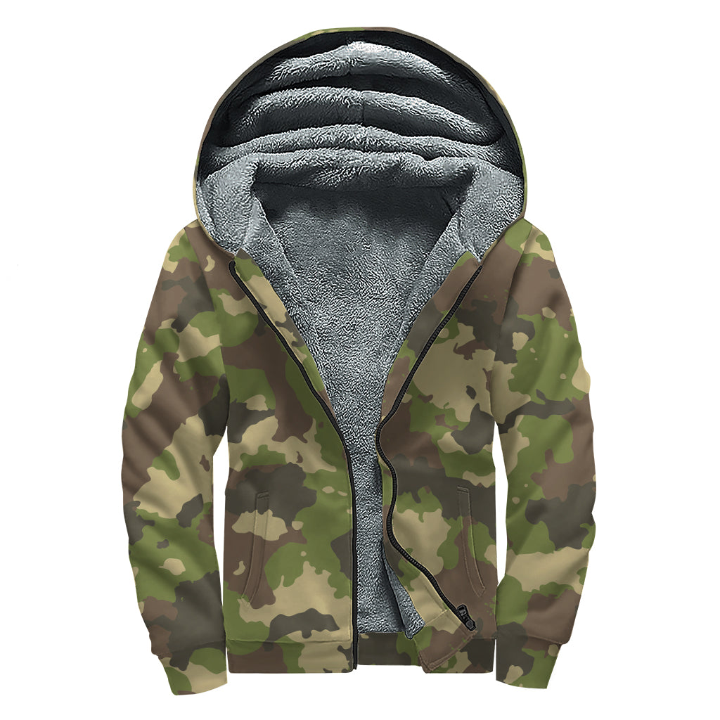 Classic Green Camouflage Print Sherpa Lined Zip Up Hoodie